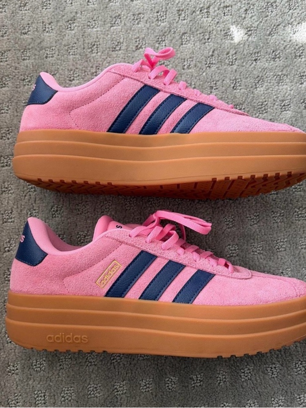 adidas Pink Suede Platform Sneakers with Navy Stripes and Gum Sole